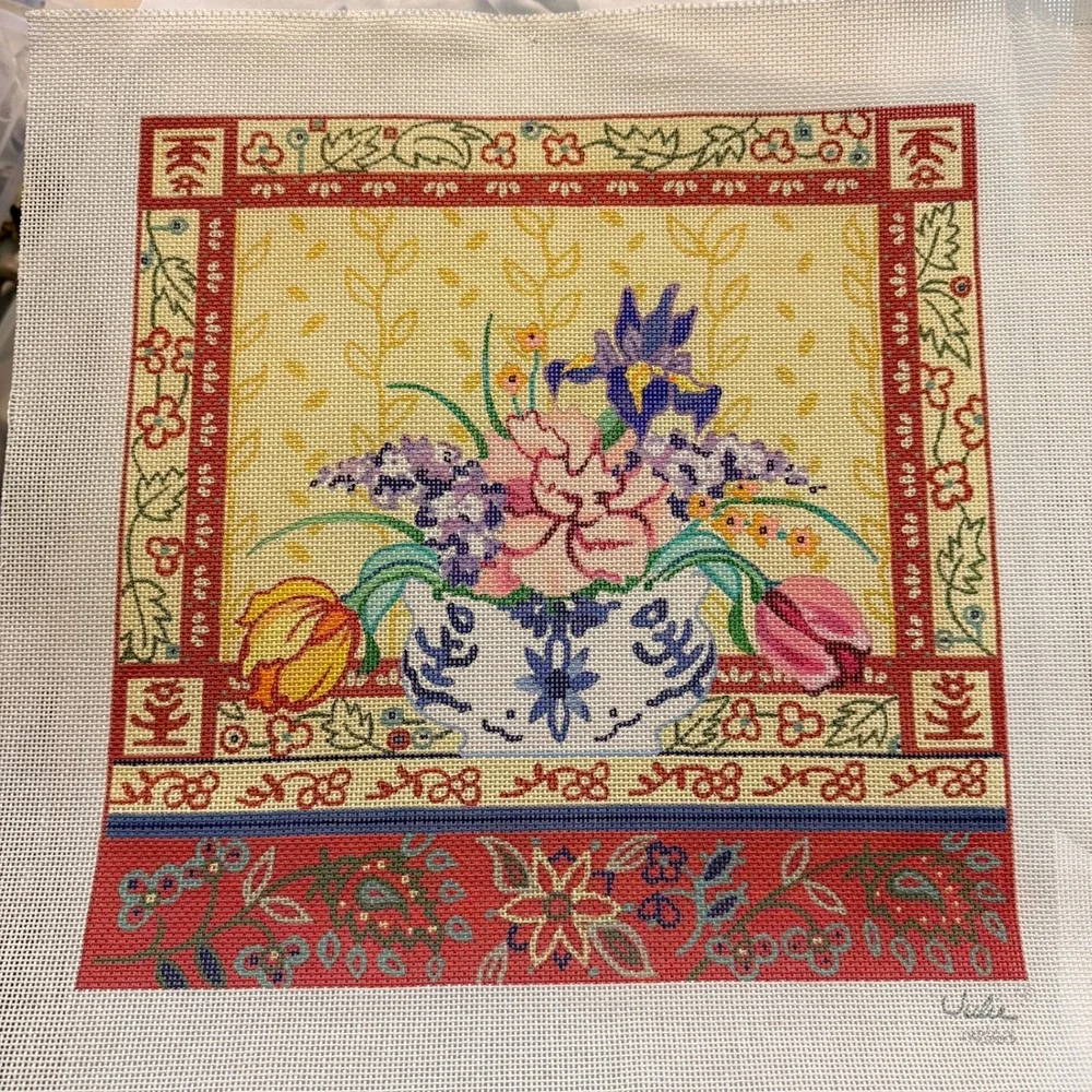 Julie Persian Peony Hand Painted Needlepoint Canvas Floral Vase 132863 Vintage